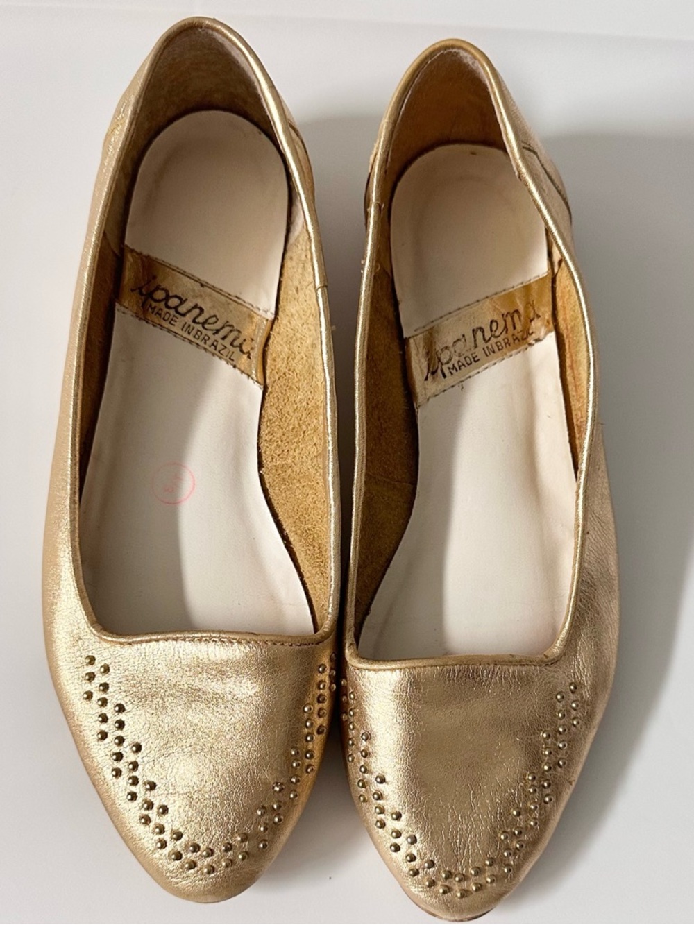 Ipanema Gold Metallic Leather Pointed Toe Flats Women Size 6.5 Vintage Shoes
